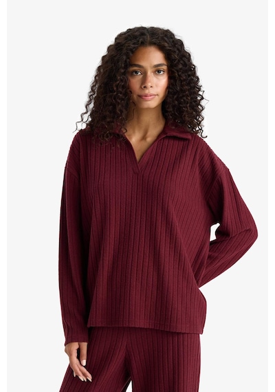 Defacto Relax Fit Polo Yaka Fitilli Kaşkorse Uzun Kollu Tişört F1007ax25aubr115 Bordo