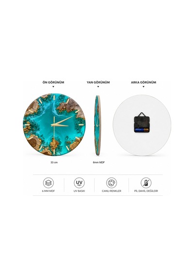 Epoxy Görünümlü Dekoratif Duvar Saati 33 Cm Uv Baskılı Mdf Duvar Saati Yeşil