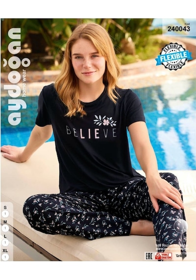 Aydoğan Homewear -believe- Yazılı Viskos Yazlık Pijama Takımı-240 Siyah