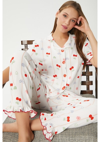 Ritnice Kadın Enda Fırfırlı Kurdela Desen Alt Üst Pijama Takımı