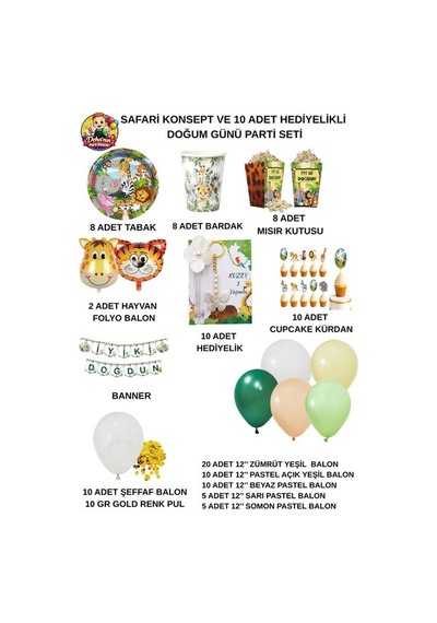 Safari Konsept Doğum Günü Parti Seti 8 Kişilik 10 Adet Kişiye Özel Hediyelikli Parti Malzemeleri Seti Çok Renkli