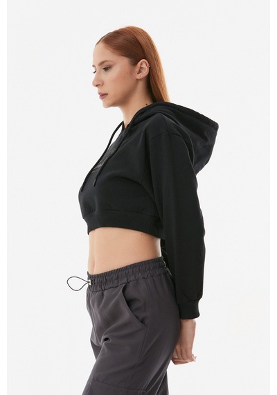 Fullamoda Baskılı Kapüşonlu Crop Sweatshirt- Siyah 24KGB890195453-Siyah