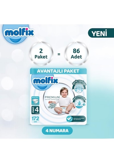 Molfix Premium Avantajlı Paket 4 Beden 172 Adet 2'li