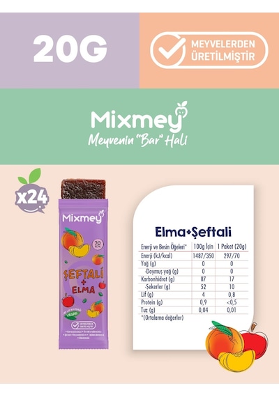 Mixmey Şeftali Meyve Barı 24 Adet | Atıştırmalıklar – Vegan, Glutensiz, Koruyucusuz 20gr X 24 Adet
