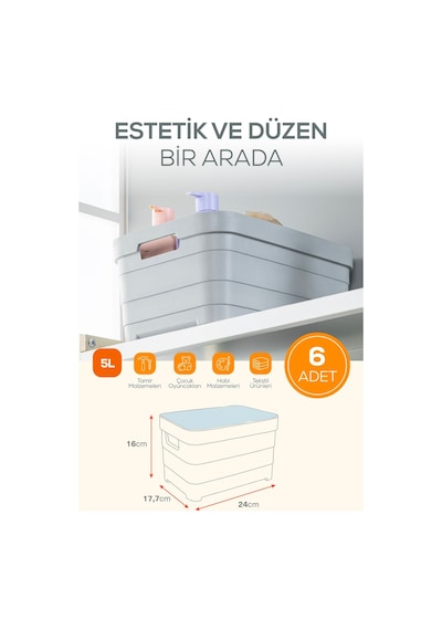 6'lı Kapaklı 5 Litre Saklama Kutusu Antrasit Antrasit