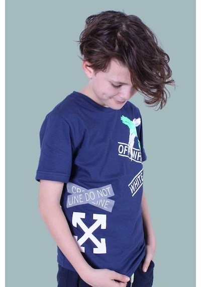 Panios Kids X Baskılı Sıfır Yaka Erkek Çocuk Indigo T-shirt İndigo