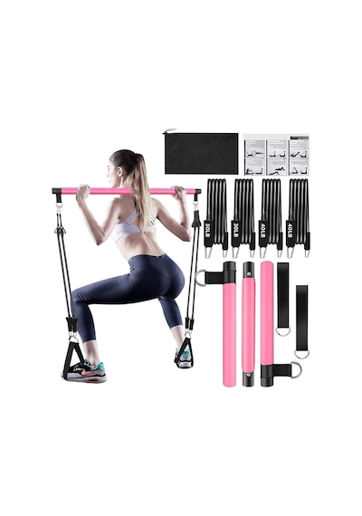 Valkyrie 4 Lastikli 1. Kalite Pilates Bar Egzersiz Çubuğu Ayarlanabilir Zorluk Evde Spor Squat Kademeli Çantalı Kolay Kurulum Pembe