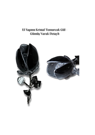 El Yapımı Kristal Tomurcuk Gül Gümüş Varak Detaylı