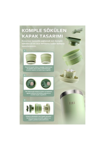 Fika Tauko Sızdırmaz Kolay Sökülebilir Temizlenebilir Patentli Kapak Çelik Bardak Termos 470 Ml -mint Yeşili