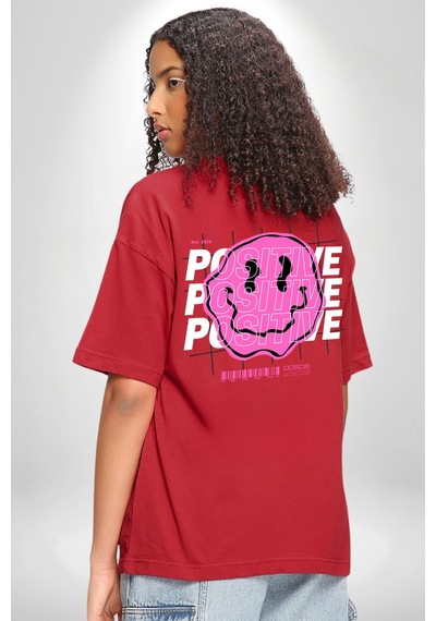 Positive Enerji Emoji Gülen Surat Kırmızı Oversize Unisex Ön Ve Sırt Baskılı Tişört Kırmızı