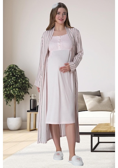 Mecit Pijama Mecit 6006 Pembe Çizgili Uzun Sabahlıklı Lohusa Gecelik Takım
