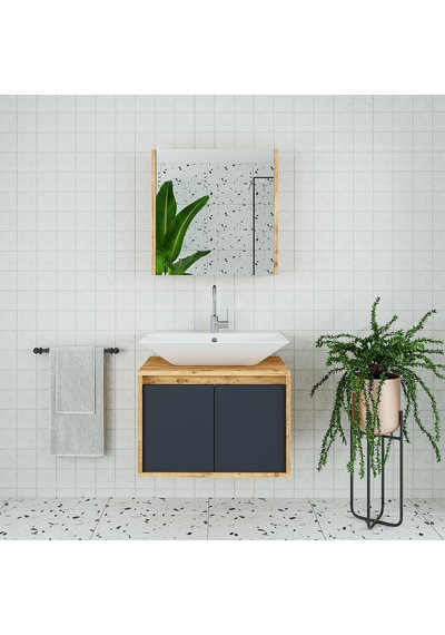 Banos Roomart Lavabolu Ahşap-Antrasit Mdf 65 Cm Banyo Dolabı+Ayna Antrasit