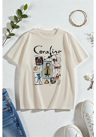 Uyguntarz Unisex Carolıne Baskılı Tasarım Tshirt Bej