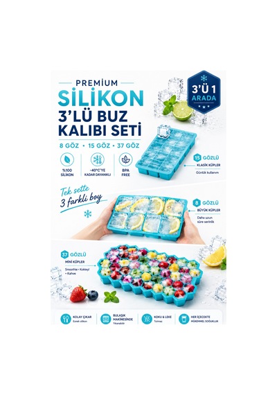 3'lü Buz Kalıbı Seti, Dev Buzlar, Normal Buzlar, Mini Buzlar - 904897437 Diğer