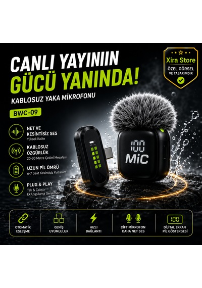 Bwc-09 Çiftli Kablosuz Yaka Mikrofonu Type-c Alıcılı Dijital Ekranlı Aı Gürültü Engelleme 20-30 Metre