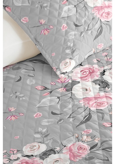 Gri Çiçekli Genç Odası Tek Kişilik Pike Takımı - Pembe Modern Gül 160x220 Cm Kapitone Yatak Örtüsü Hafif Defne Kırıntısı