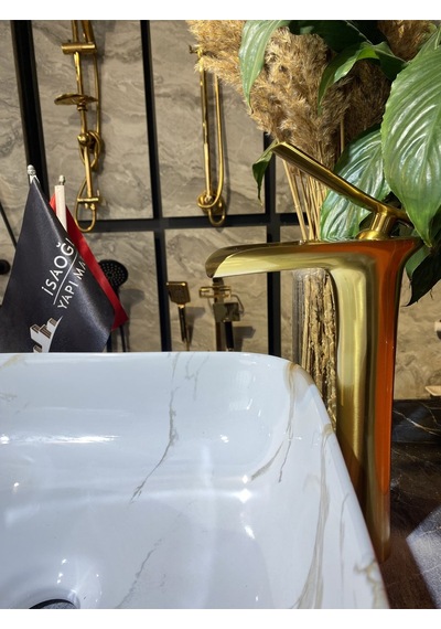 İsaoğlu Yapı Mat Gold Çanak Lavabo Bataryası Şelale Lavabo Musluğu Fırçalanmış Mat Altın Batarya Gold
