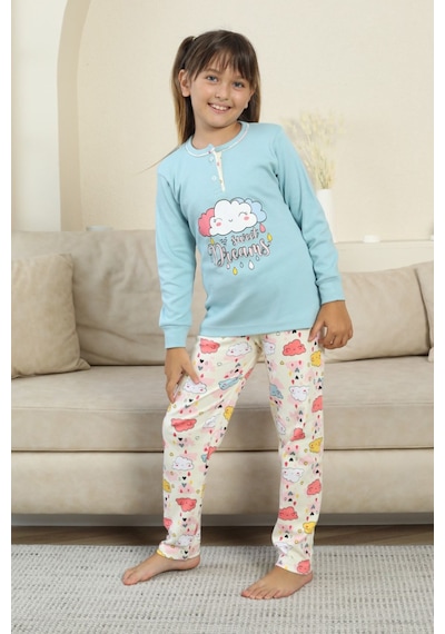 Miniğimin Cicileri Bulut Baskılı Düğmeli Kız Çocuk Pijama Tak... Mavi