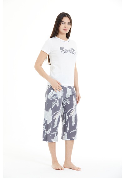 Lılac Kadın Çiçek Desenli %100 Viscon Capri Pijama Takımı Gri - Beyaz