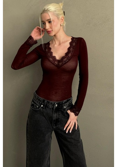Madmext Bordo V Yaka Dantelli Transparan Kadın Bluz Mg2662 bordo