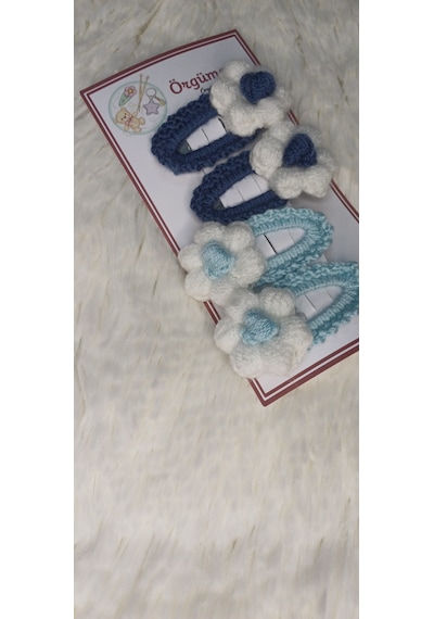 Amigurumi Toka - Çıtçıtlı El Örgüsü Toka 2 Çift Koyu Mavi - Açık Mavi