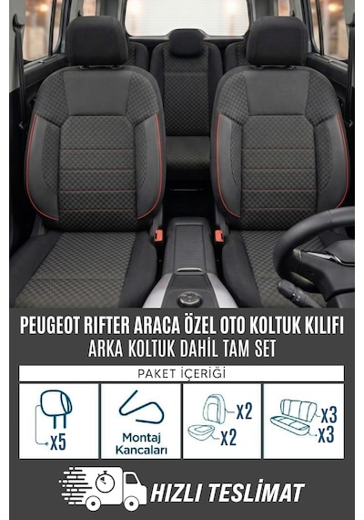 Peugeot Rifter Uyumlu Pamuklu Kumaş Araca Özel Oto Koltuk Kılıfı Tam Set Siyah-Kırmızı