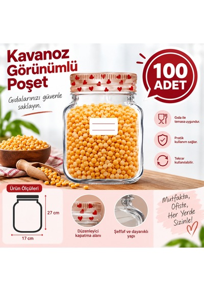 Kalp Desenli Büyük Boy Kavanoz Görünümlü Kilitli Doypack Saklama Poşeti 17x27cm - 1000ml 100 Adet
