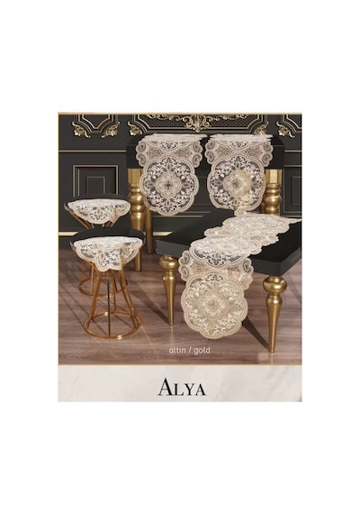 Salon Takımı 5 Parça Dantelli Masa Örtüsü Runner Seti Alya Model No124 - Gold Çok Renkli