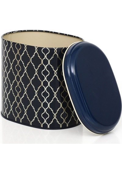 Trellis Old Blue Desenli Oval Metal Saklama Kabı 14 x 12 x 13 CM 1.4 L Çok Renkli