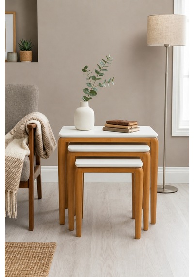Ant Home Zigon Sehpa, 3'lü Yan Sehpa, Bohem Sehpa, %100 Doğal Ahşap, Salon Sehpa Ekru