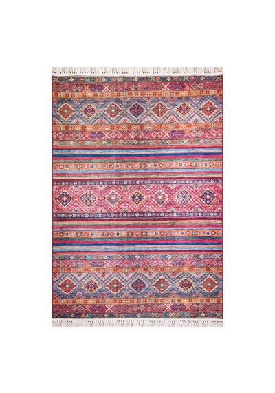 Etnik Kilim Desenli Pamuk Taban Yıkanabilir Baskılı Dekoratif Halı Kırmızı