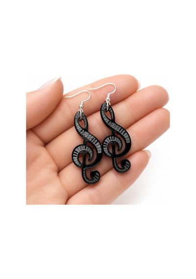 Kadın Siyah Sol Anahtarı Tasarımlı Müzik Temalı Sallantılı Ahşap Küpe