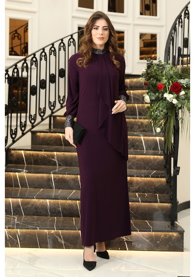 Raika Moda Sim Detaylı Efsane Tesettür Abiye Elbise Mürdüm