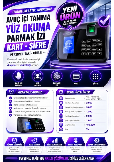 Linadex Lx-220315-m Avuç İçi Okuma-yüz Okuma-parmak İzi Okuma Ve Kartlı Personel Kontrol Cihazı -maaş Puantaj Yazılımı Ve 15 Kart Hediye