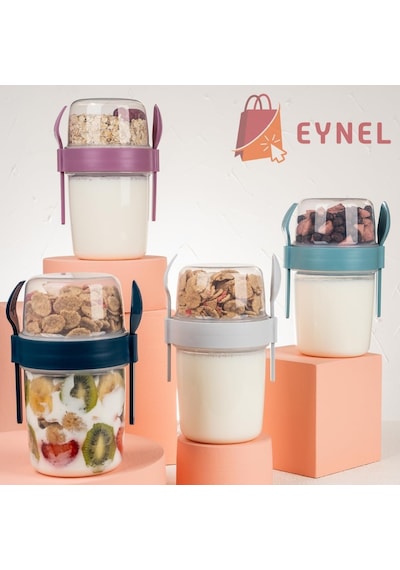 650 Ml Take-go Kaşıklı Hazneli Meyveli Müsli Kabı Piknik Iş Yoğurt Süt Bardağı Kapaklı Ve Kaşıklı Kahvalt Genel