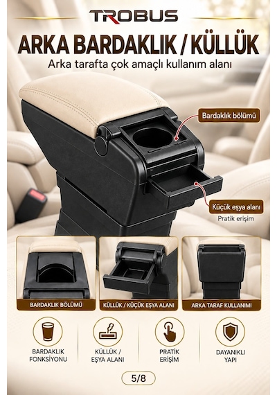 Trobus Dacia Lodgy 2012-2022 Uyumlu Ayarlanabilir Ayaklı Kolçak Kol Dayama Bardaklıklı Bej Siyah