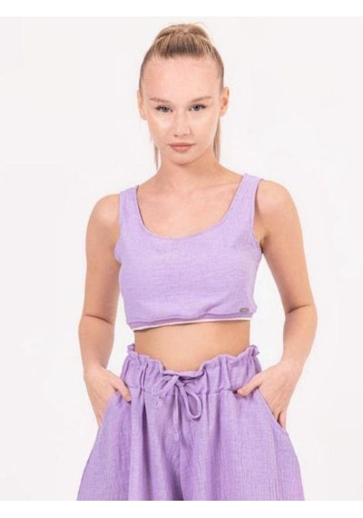 Kız Çocuk Keten Kısa Crop Bluz-13938-lila Lila