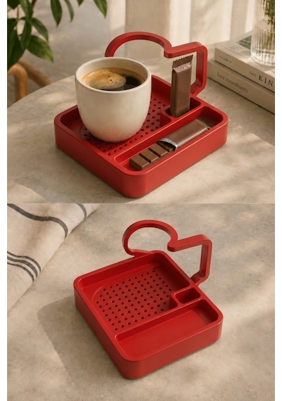 Kahve Sunum Tepsisi Çok Bölmeli Masa Üstü Organizer Kupa Fincan Standı Pla 12.5x11x7 Cm Kırmızı