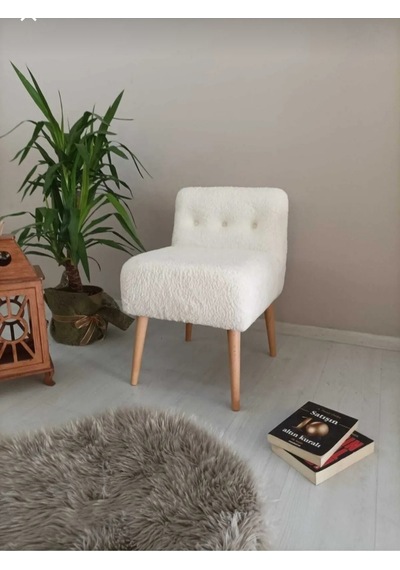 Rahat Oturum Alanlı Retro Gürgen Ahşap Ayaklı Beyaz Welsoft Kumaş Puf Bench Sandalye Tabure Beyaz