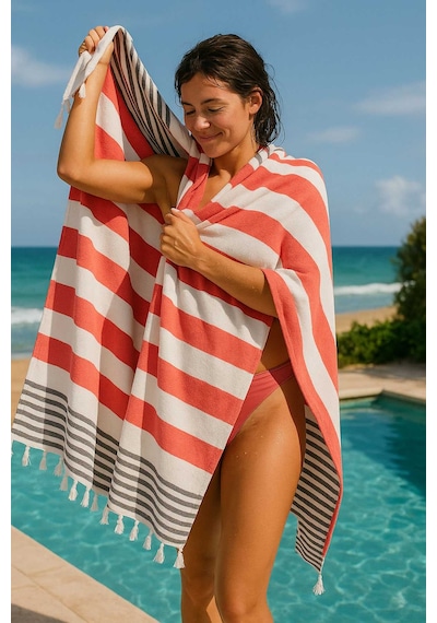 Mimoza Unisex Peştemal Plaj Havlusu 100x180 Cm %100 Pamuklu Soft Kırmızı-siyah 11
