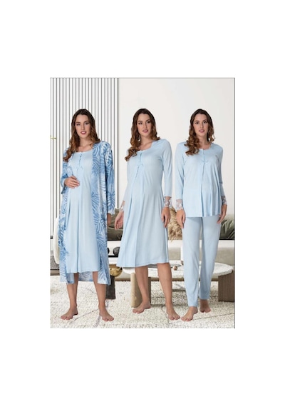 Effortt Dvina Lohusa Hamile Gecelik, Sabahlık Ve Pijama Takımı Komple Set - 4'lü Takım - Mavi Mavi