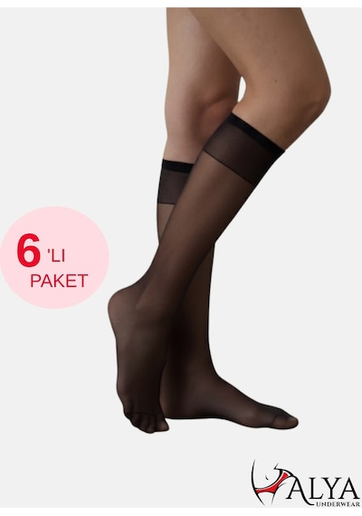 Alya Underwear Kadın Parlak Diz Altı Çorap 15 Denye, İnce Fit - 6'lı Paket Siyah 50 6'lı