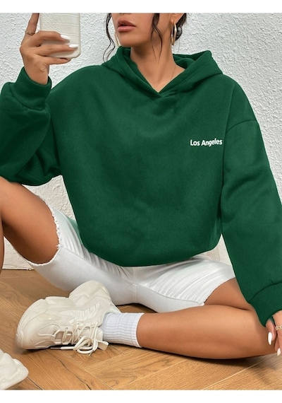 Los Angeles Minimal Sweatshirt - Yeşil Baskılı Oversize Kapüşonlu Yeşil