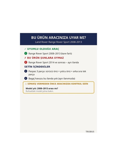Land Rover Range Rover Sport 2008-2013 Uyumlu 8d Tek Katmanlı Havuzlu Paspas Deri Siyah Mavi