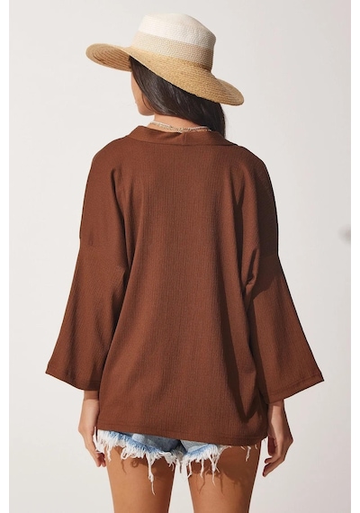 Trend Alisse Kadın Kahverengi Bürümcük Kimono Ceket-düz Kahverengi