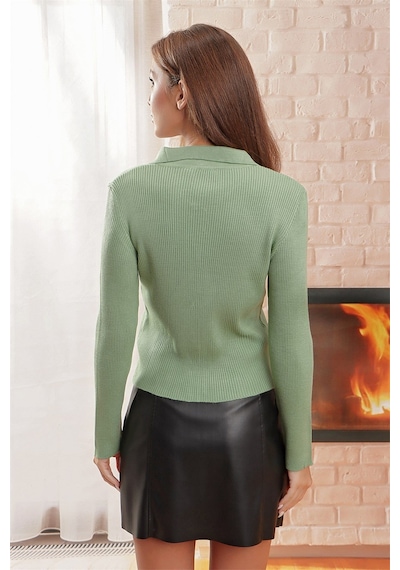 Aqe Fashion Çift Açılır Fermuarlı Polo Yaka Hırka Mint