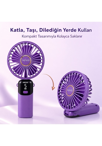 Mkio Şarjlı El Vantilatörü 5 Kademeli, Katlanabilir Dijital Ekranlı Mini El Fanı, 1200 Mah, 5 Pervaneli Güçlü Hava Akışı, Standlı Masaüstü Fan, Usb Şarjlı - Mor Renk