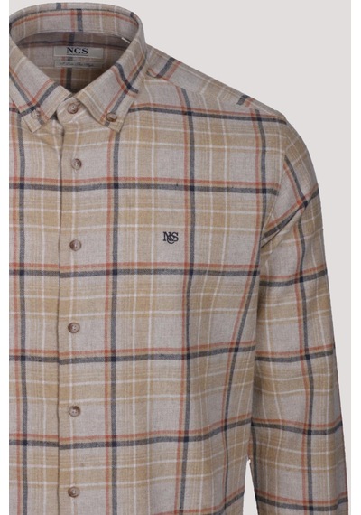 Erkek Gömlek Camel Uzun Kol Ekose Kareli Flanel Yün Tuşeli Slim Fit Düğmeli Yaka Shirt Ncs Jeans 7269-camel Camel