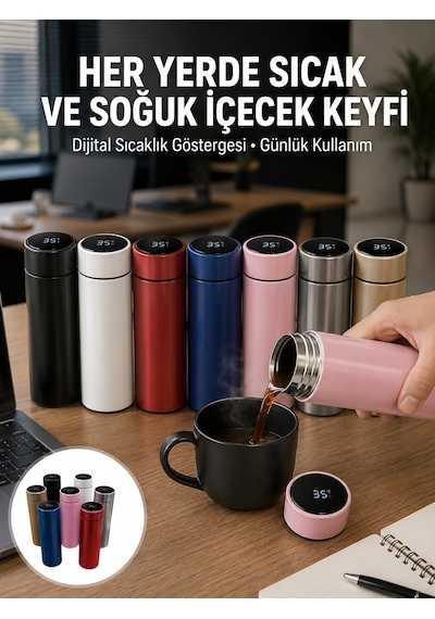 Uzun Süre Isı Koruma Sağlayan Dijital Göstergeli Termos Yeni Nesil Sarı