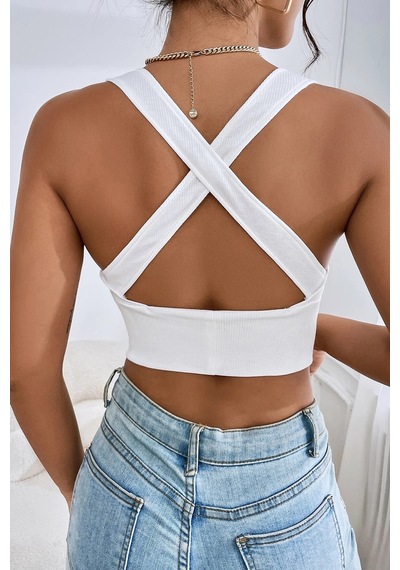 Kadın Modern Stil Beyaz Çapraz Sırt Detaylı Şık Crop Top Büstiyer
